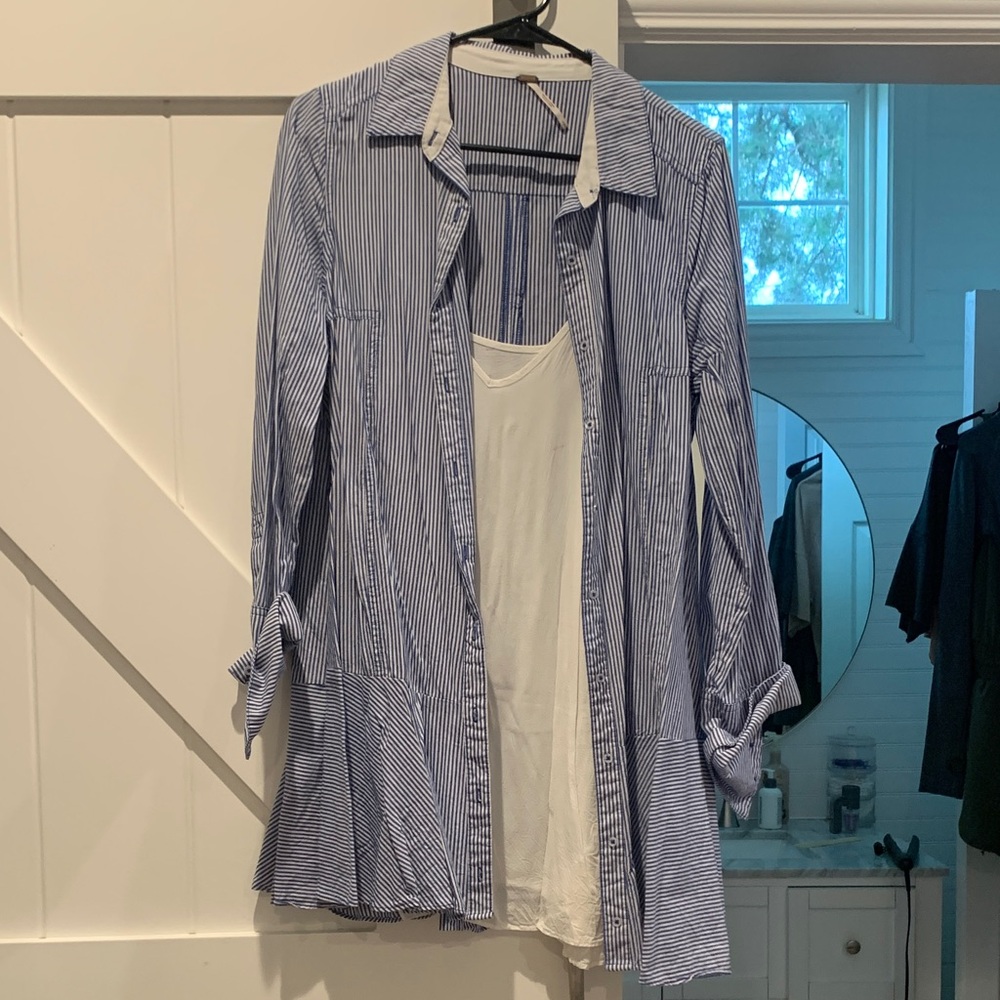 Free People Long Sleeve Stripe Button Down T-Shirt Dress w/ Slip
